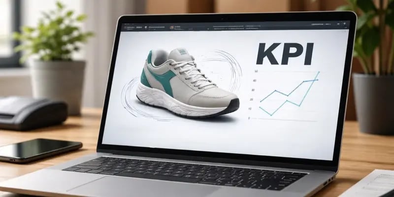 Photo of a computer in an office where the screen displays a shoe, a graphic rising as well as the word 