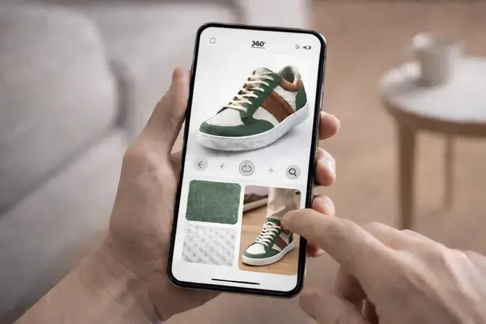 Smartphone displaying a 3D view of a sneaker with material selection for virtual try-on and product customization