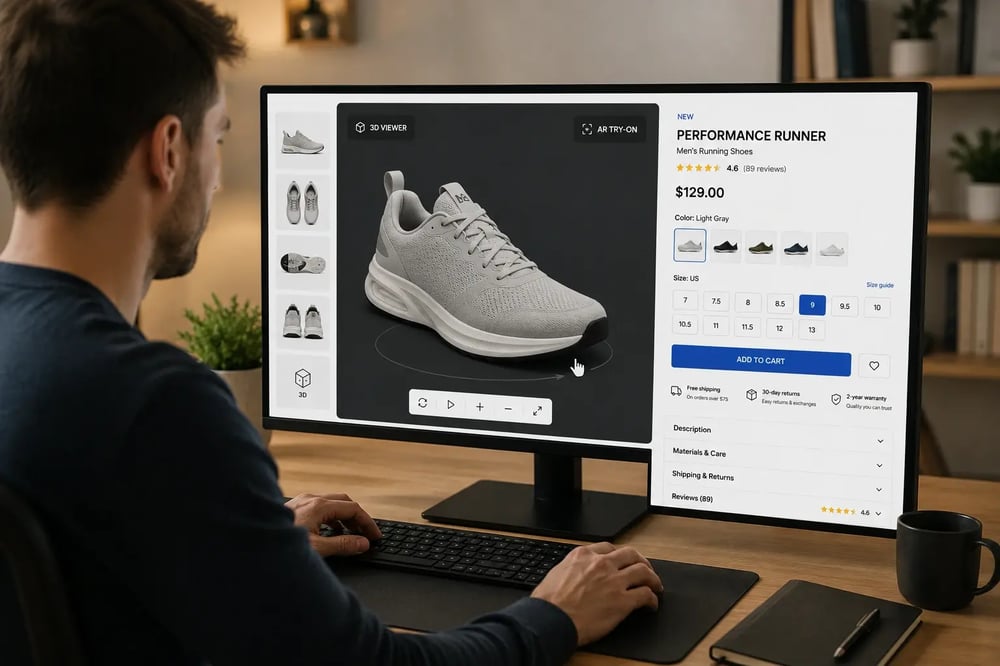 Página de producto de calzado en 3D con visor interactivo, detalles del producto, opciones de tallas e información sobre comercio electrónico