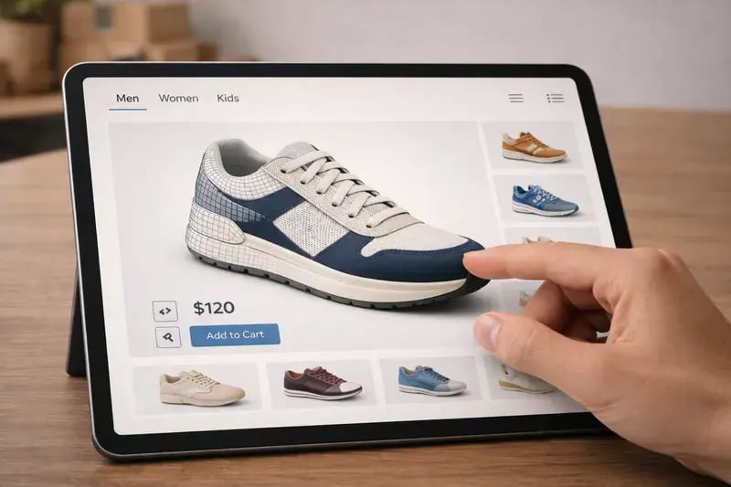 Tablet displaying a shoe ecommerce store with 3D sneaker visualization, product page, and user interacting with online footwear shopping interface