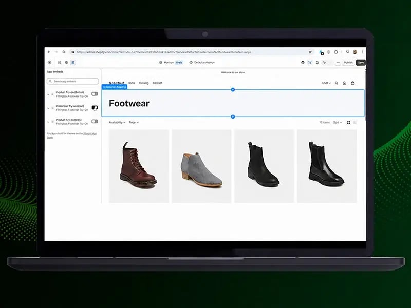 Painel do Shopify para configurar um aplicativo de experimentação virtual de calçados